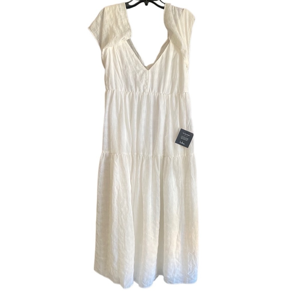 Lulu's Cream V-Neck Tiered Midi Dress